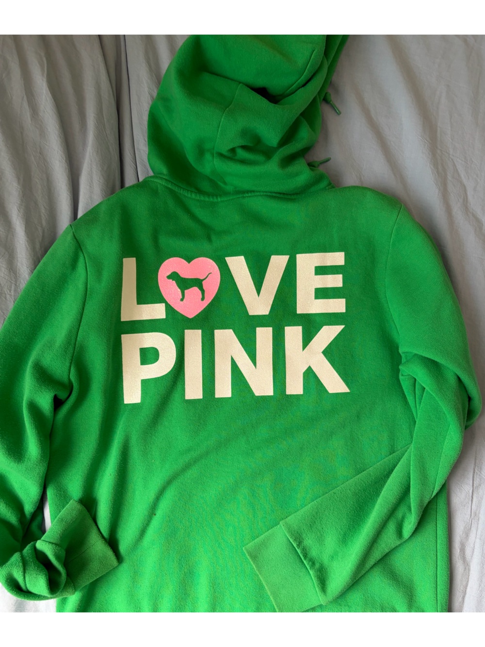 PINK Hoodie Zip Jacket Green Like New With Pink Dog Pattern WOMAN L